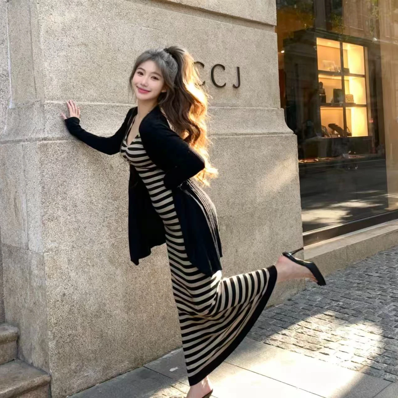 

Retro Striped Strap Dress Set Women Summer Long Sleeve Sun Protection Open Cardigan Pure Desire V-neck Waist Cinch Butt Long ...