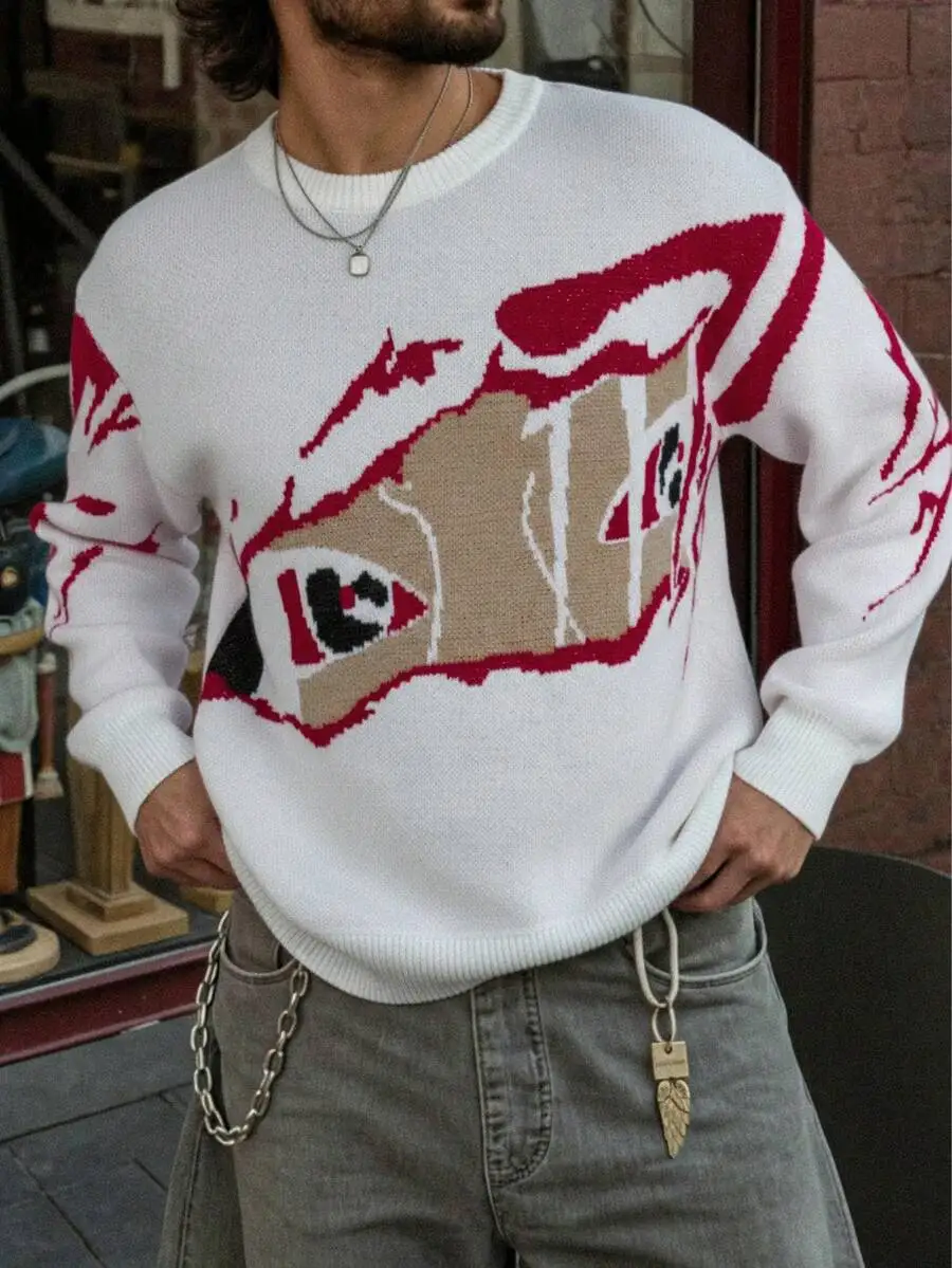 

Мужской свободный свитер с круглым вырезом и абстрактным графическим принтом в виде глаз, в стиле стритвир