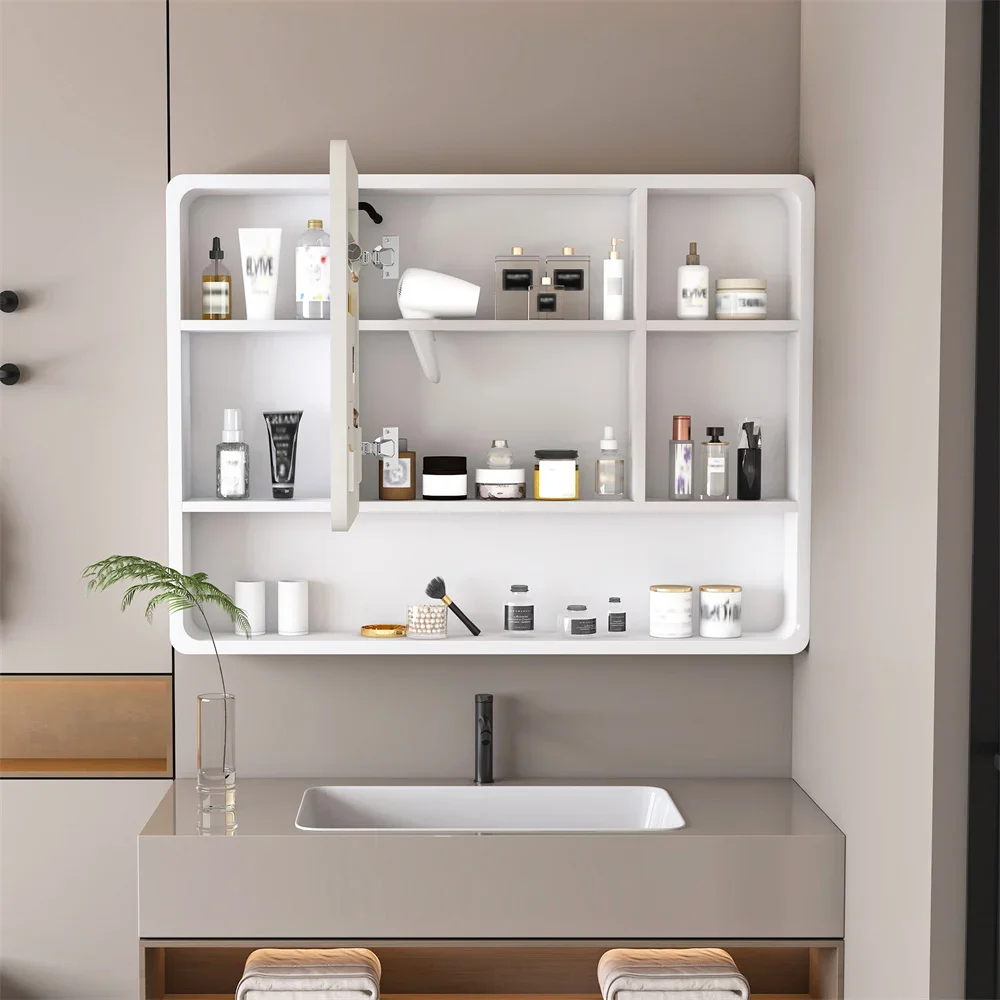 Armadietto a specchio da bagno in alluminio da 35 x 28 pollici per bagno con portaoggetti per trucco Luce LED a 3 colori e funzione di disappannamento