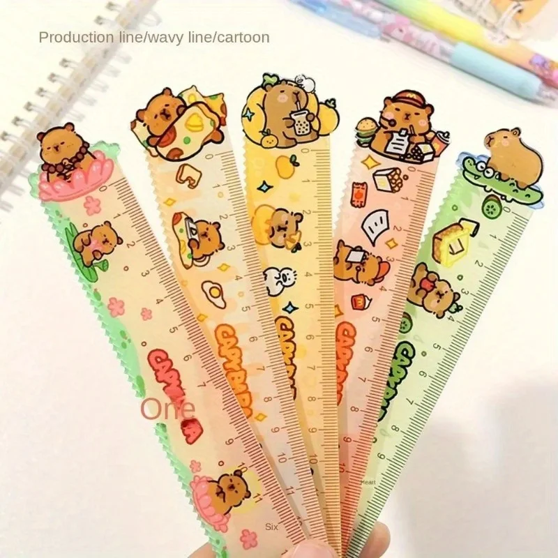 5Pcs 15cm Capybara Ruler School Office Supplies Wavy Lines Drawing Tools Acrylic Cute Cartoon Straight Ruler Standard