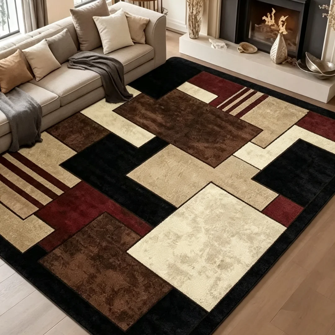 Modern Geometric Block Area Rug Brown Black Red Beige Patchwork Print Large Floor Carpet for Living Room Bedroom Indoor Decor