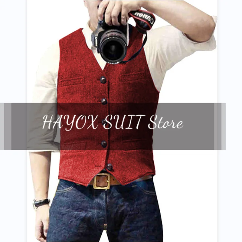 Tweed Men's Suit Vest V Neck Single Breasted Sleeveless Jacket Slim Fit Formal Man Chalecos For Wedding Waistcoat