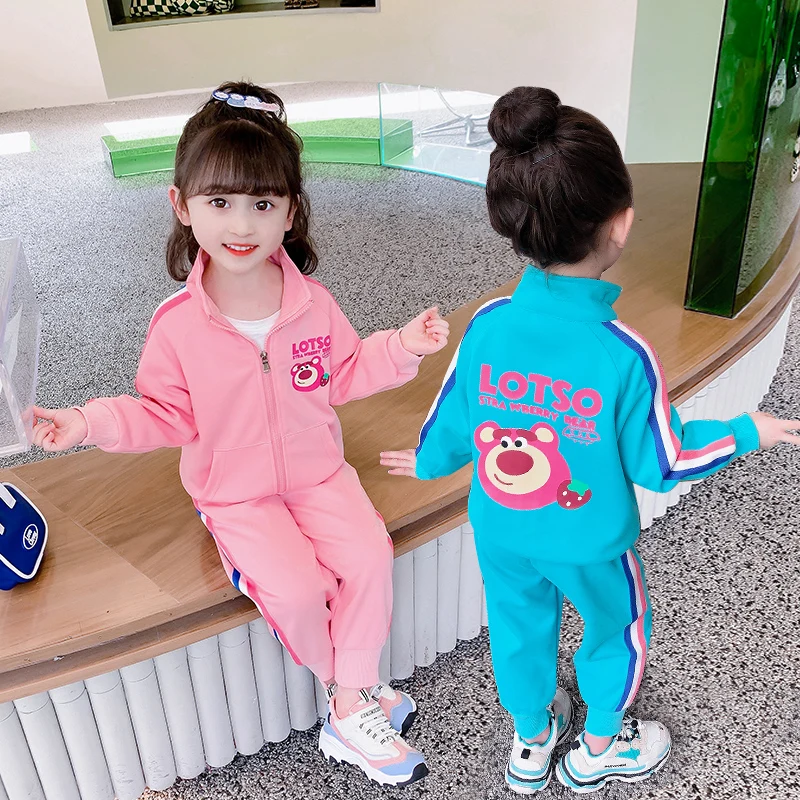 

Girls Strawberry Bear Set Casual Sports Spring Autumn New Style Small Medium Children Baby Open Cardigan Two Piece Suit