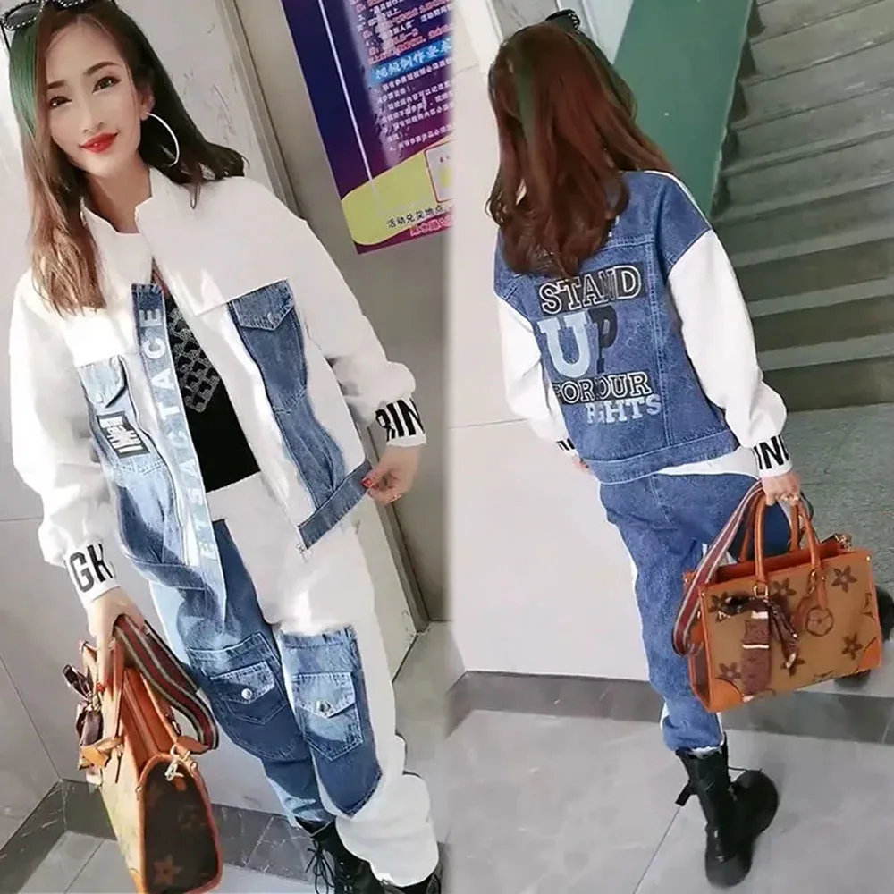 

2023 Autumn Denim Splice Fashion Suit Women's Loose Oversized Jacket Pencil Pants Two Piece Sets S-6XL All-match Trousers Suits