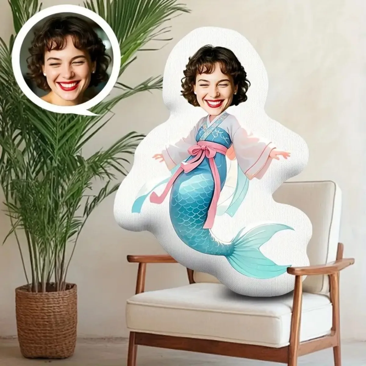 وسادة قطيفة منزلية مخصصة للصور - هدية مخصصة على شكل وجه حورية البحر مع صورتك، هدية تذكارية #2