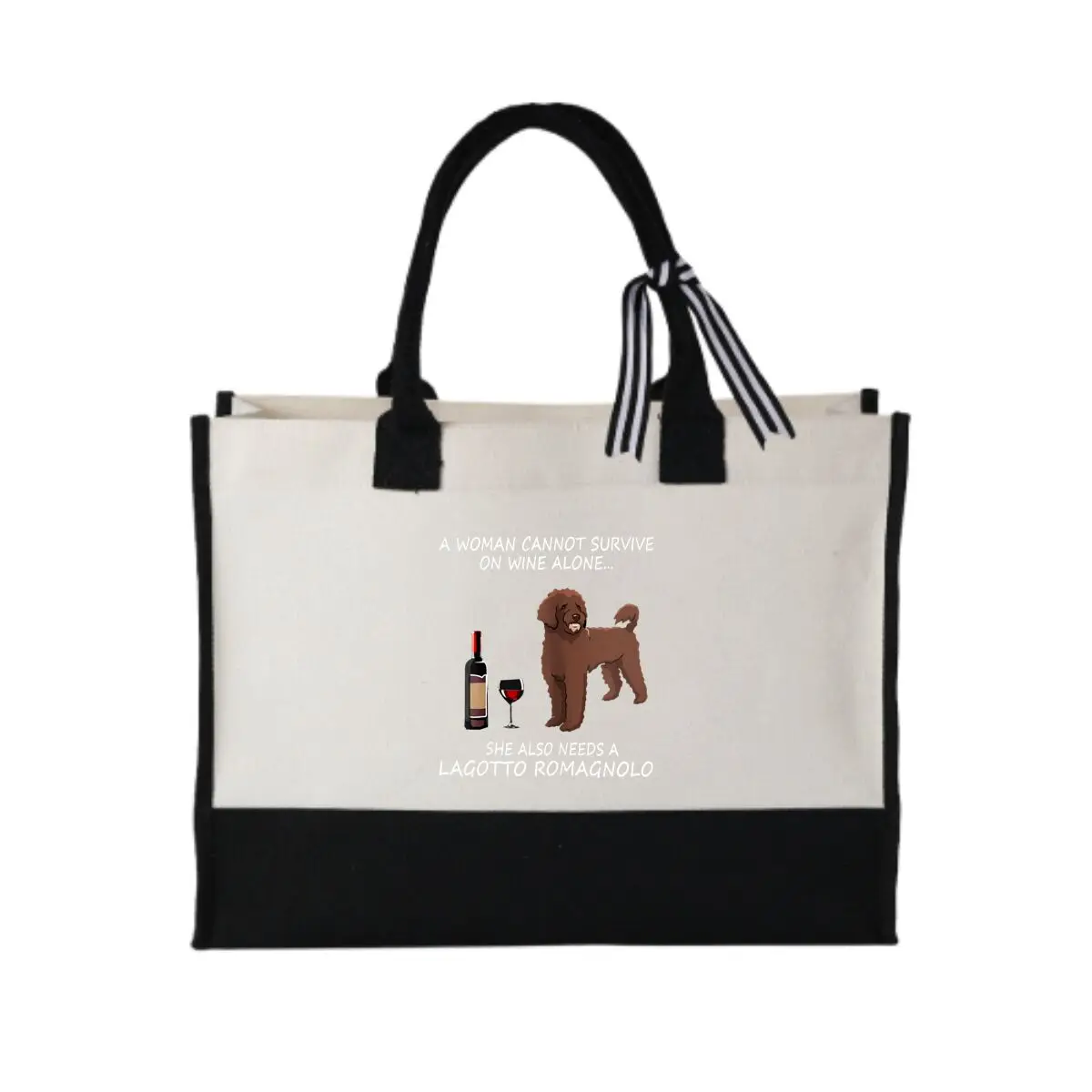 

Wine & Lagotto Humor Text Design Bold Patchwork Canvas Tote for Outdoor Concert Essentials