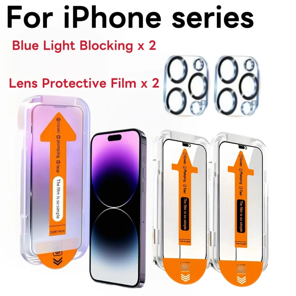 

2 - Pack Anti - Blue Light Screen Protector + 2 - Pack Camera Lens Protector Set for iPhone Series