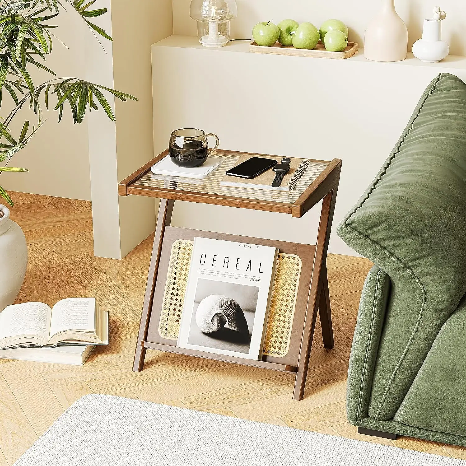 

Bamworld Rattan Side Table Boho NightStand Mid Century Modern End Table Glass Bedside Table Small End Tables Bamboo Coffee Table