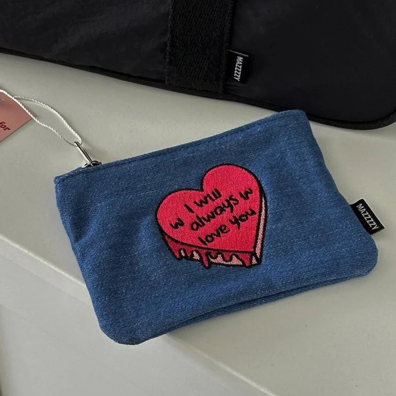Love Heart Embroidered Denim Coin Purse Cute Mini Lipstick Coin Storage Bag