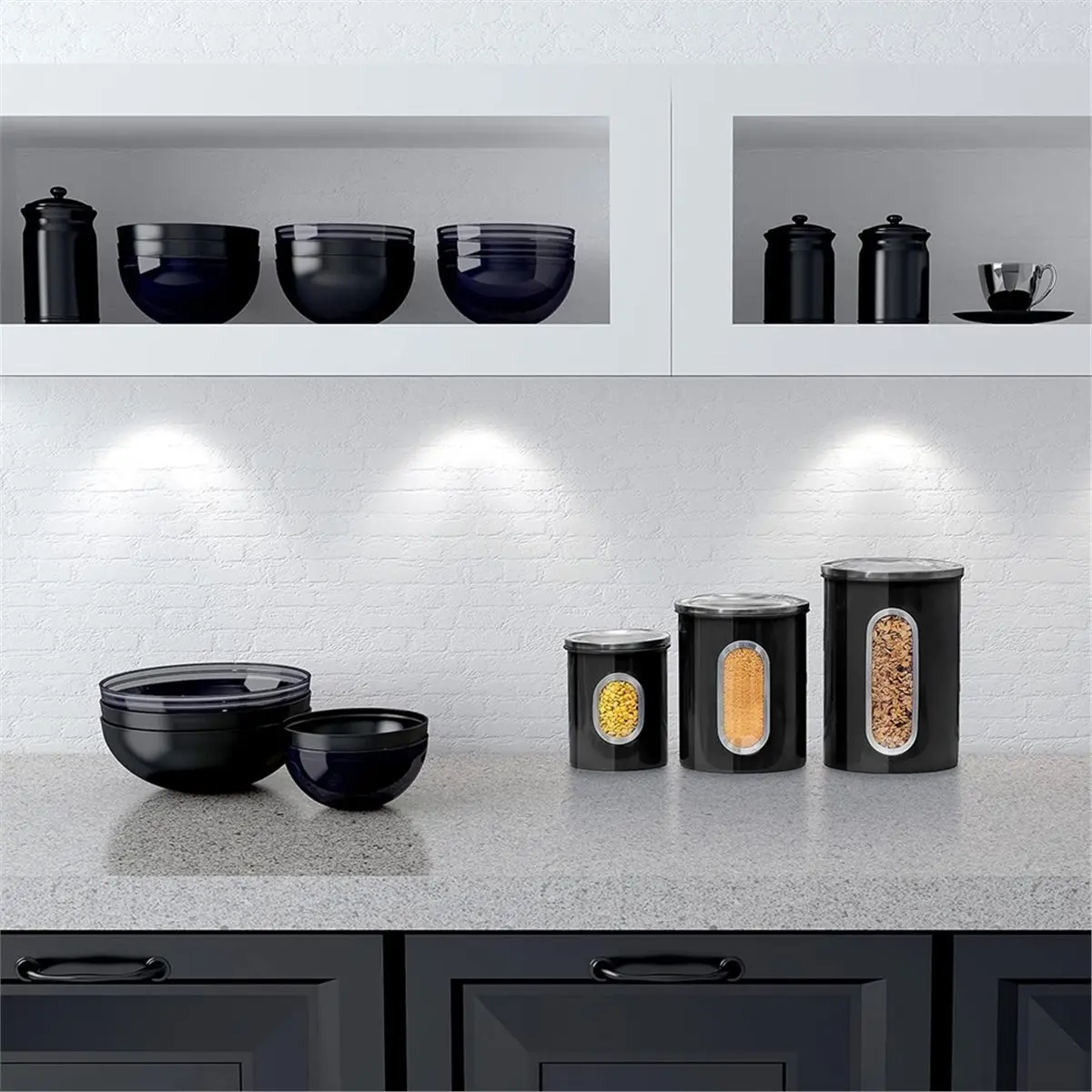 

Y69A Canisters Set for Kitchen Counter Storage, 3-Piece Metal Food Saver Jars Set with Airtight Lids, Black, for Coffee Beans