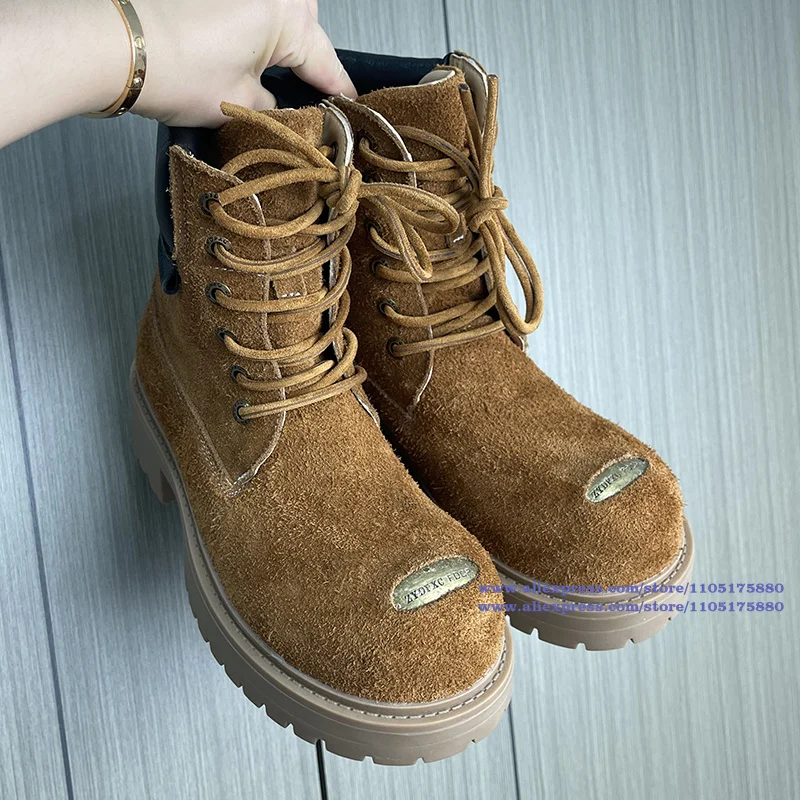 Black Suede Men's Boots Retro Color-Block Chunky Sole Work Boots Cool Round Toe Males Booties Designer Men's Shoes Botas Mujer