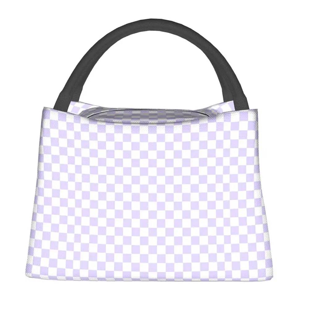 White And Pale Lavender Violet Checkerboard Insulated Lunch Bag Food Boxes Leakproof Container Cooler Thermal Lunch Box Tote