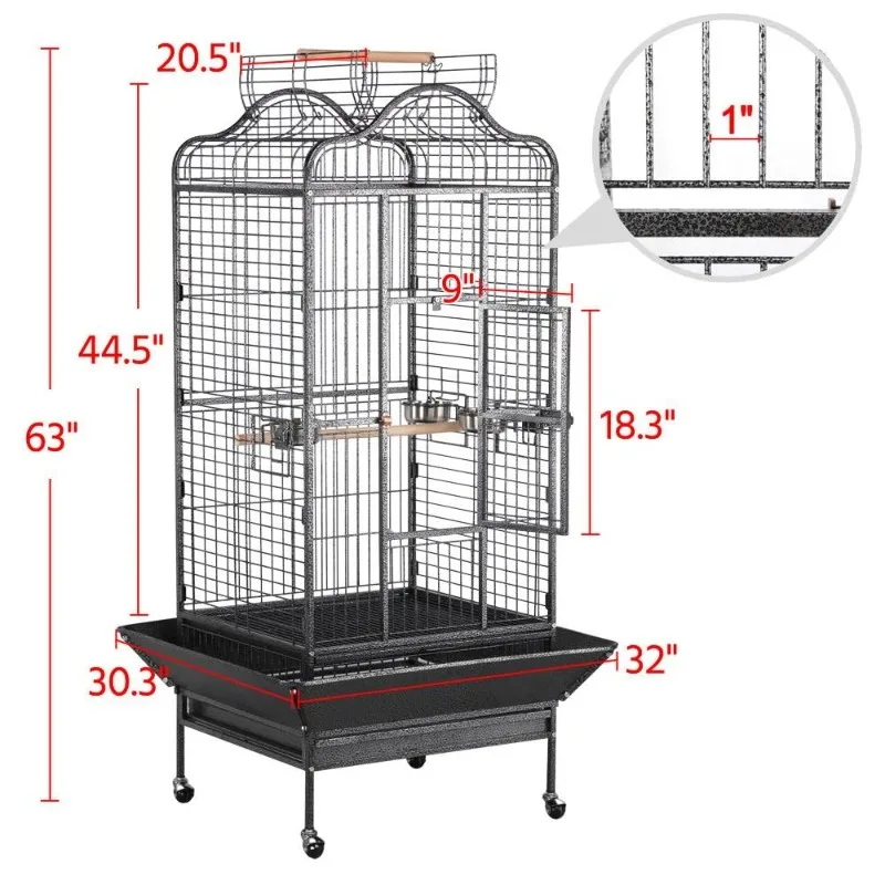 63'' Bird Cage with Stand Wrought Iron Rolling Open Play Top Large Bird Cage for Mini Macaw African Grey  Parrot