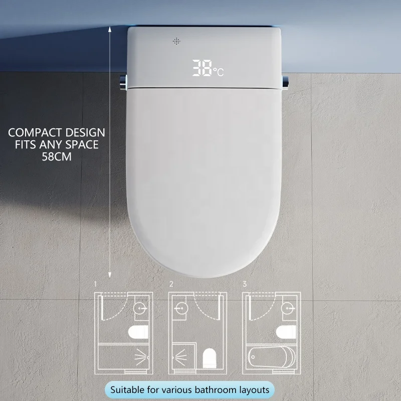 Inteligentna toaleta bezramkowa HKZX z bidetem, montowana na ścianie, elektryczna, z pilotem, odpływ P-trap, wbudowany zbiornik na wodę.