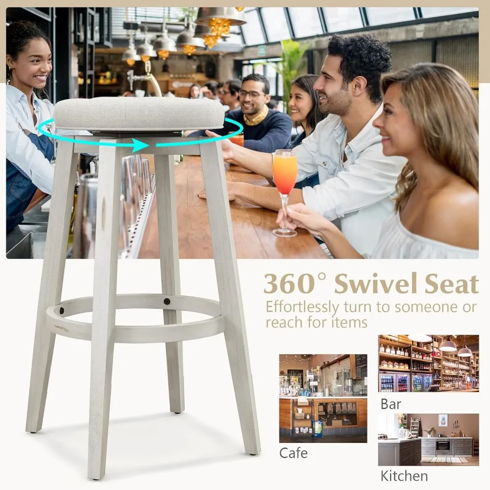 Set of 2 30 High Backless Swivel Bar Stools with Tufted Seats and Rubberwood Frame, Kitchen Counter Stools with Footrest