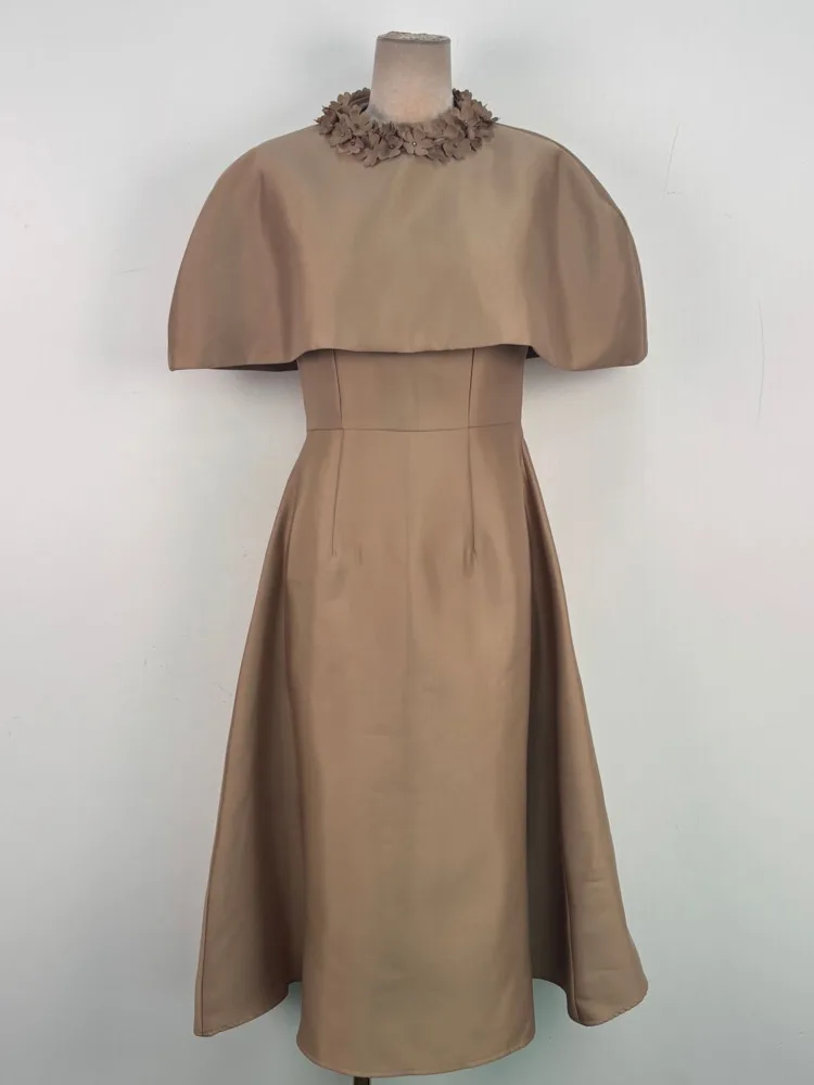 QMQA موضة المرأة أنيقة كيب فستان ستان المرقعة ثلاثية الأبعاد الأزهار شال الجولة الرقبة ثوب فساتين طويلة 2026 ربيع جديد QM963 #4