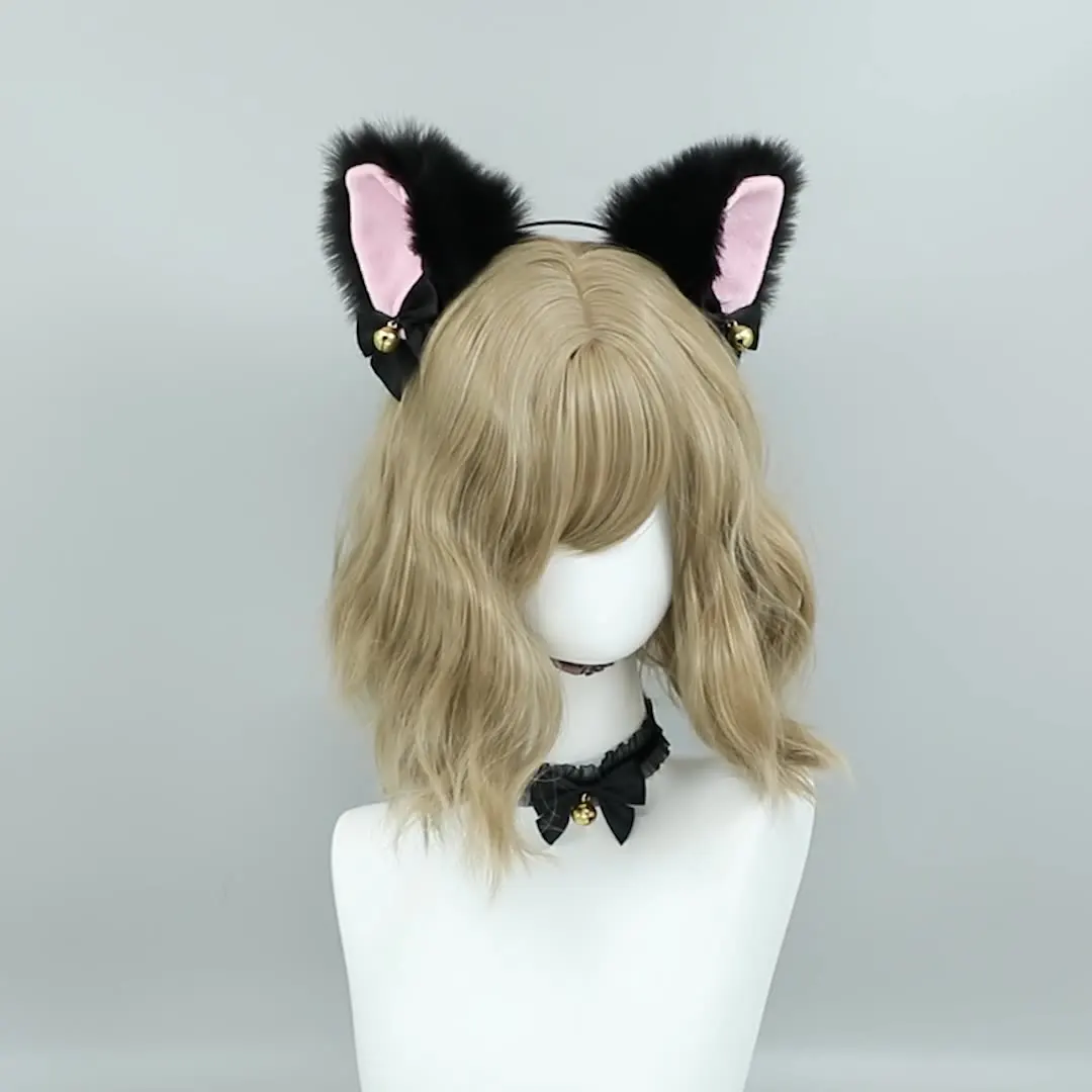 Simulation Plush Animal Ears Tail Headband Bow Bell Necklace for Women Lolita Anime Party Cosplay Handmade Hair Accessories Set