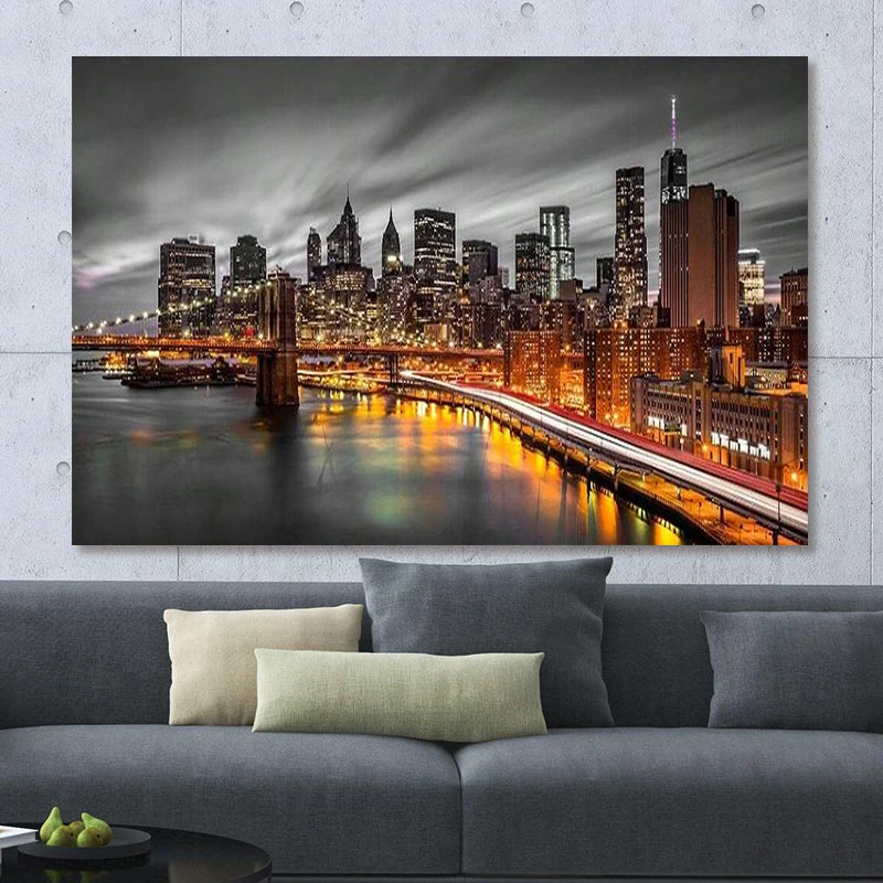 Modern city building bridge sunset scene canvas painting, poster wall painting, gift art, office, cafe, home decoration