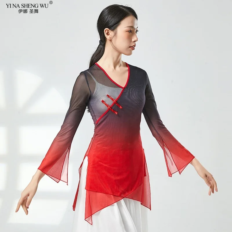 New Style Classical Dance Clothes Gradient Color Tops Chinese Folk Dance Costumes Women\'s Gauze Dance Practice Clothes Tops