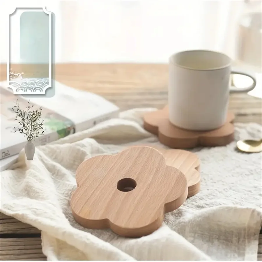 Wooden Cute Flowers Cup Coasters Home Decor Insulation Pads For Home Office Coffee Table Flowers Cookies Drinks Props For Photos
