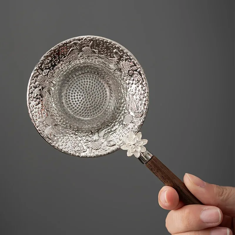 10 قطع سبائك اللوتس سنة مع الأسماك زهر البرقوق الشاي تسرب الشاي تصفية مقبض الخشب الصلب اليد مزورة طقم شاي الملحقات