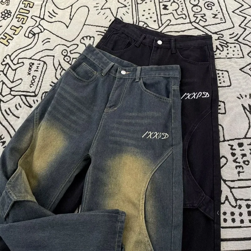 Y2K Vintage Men Jeans Patchwork Bootcut Denim Cargo Man Pants Wide Leg Deconstructed Streetwear