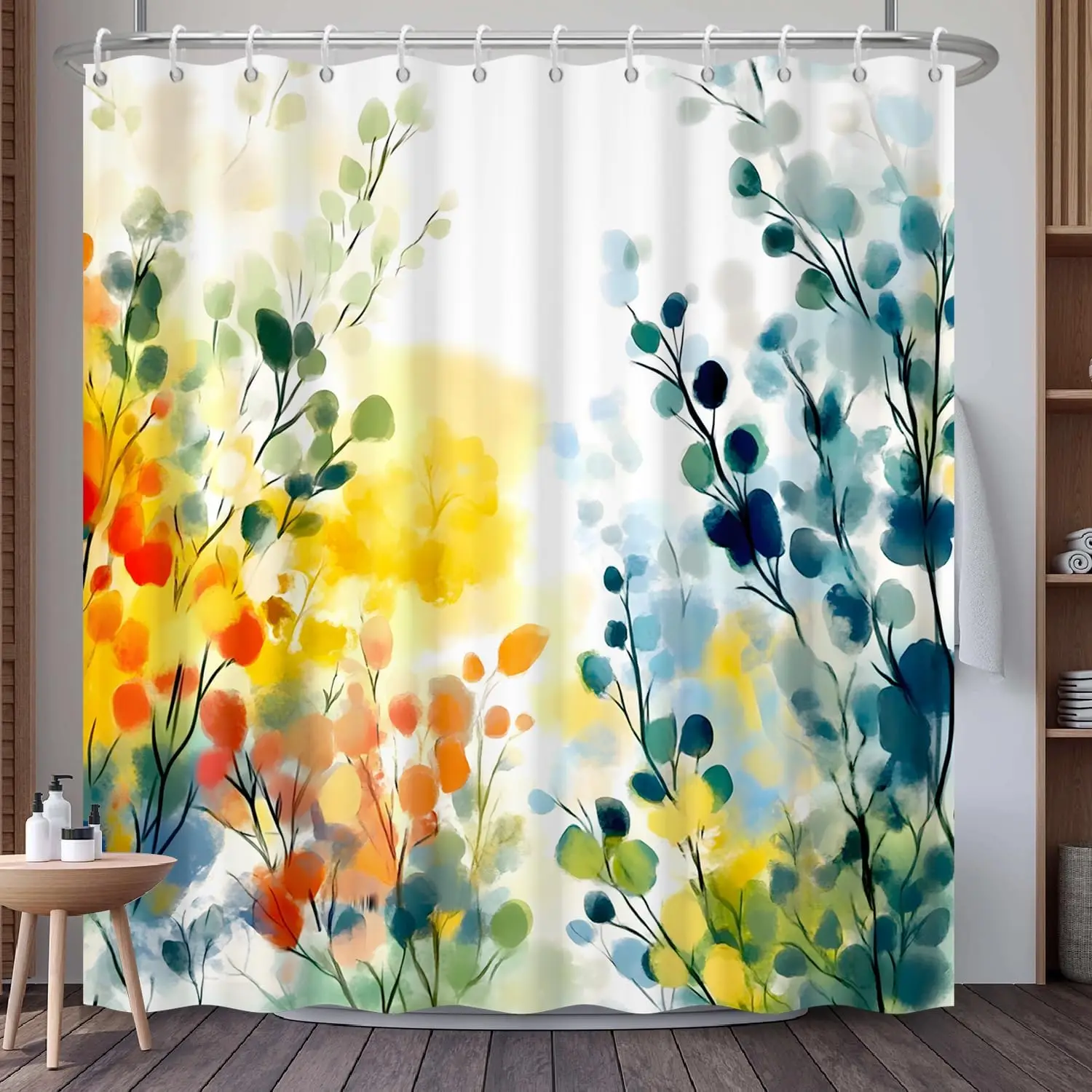 

Watercolor Floral Shower Curtain with Hooks Watercolor Autumn Leaves Eucalyptus Tree Branches Shower Curtain Boho Style
