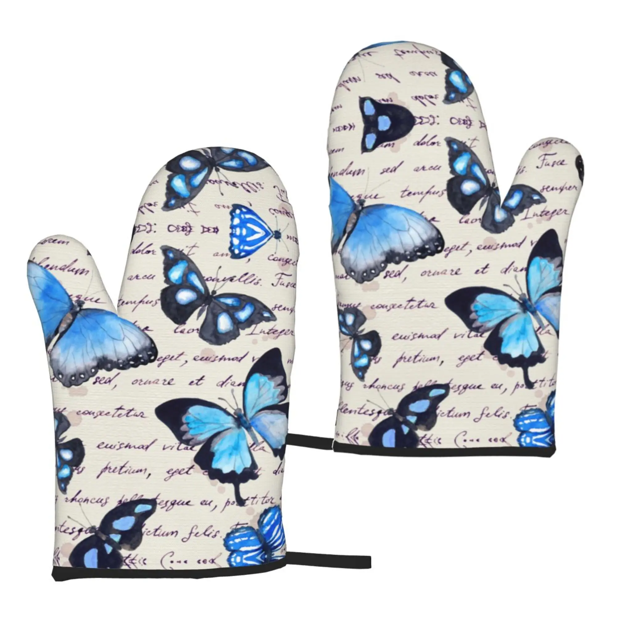 Vintage Blue Butterfly Newspaper Oven Mitts 2pc Heat Resistant Gloves Kitchen Oven Gloves Heat Resistant  for Cooking Grilling