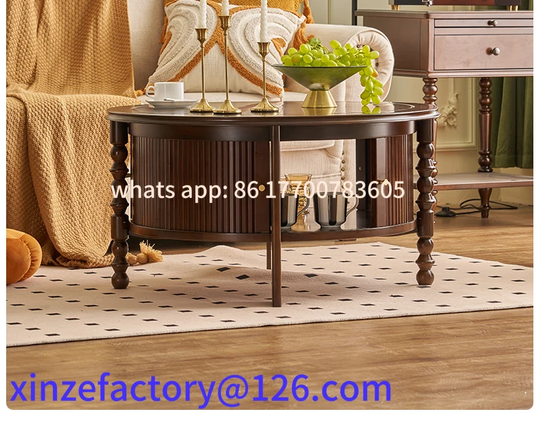 

Customizable French retro all solid wood round coffee table living room home tea table
