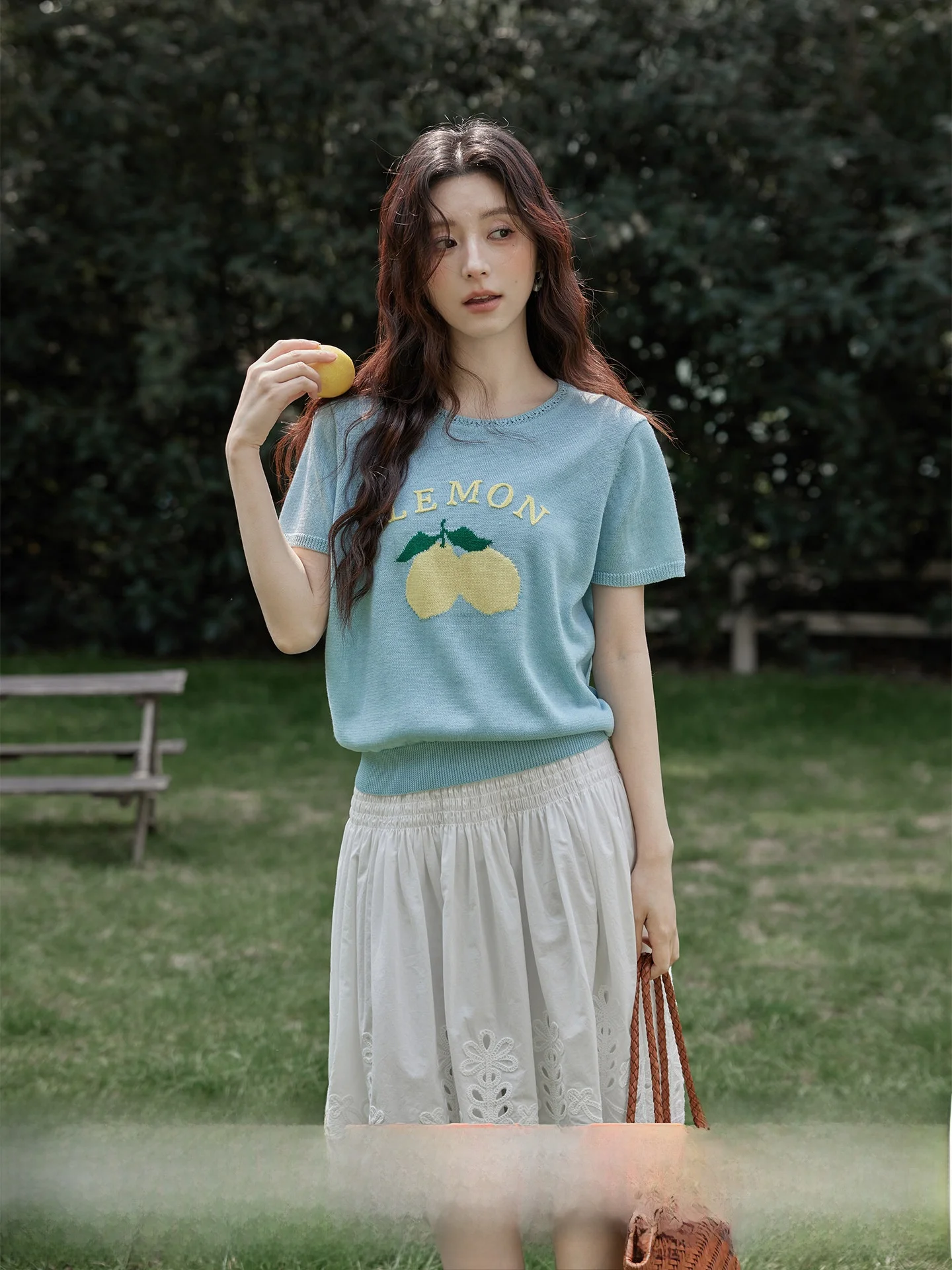 

Ximen 2026 New Spring Summer Korean Style Unique Top Fruit Print Short Sleeve Blue round Neck Knitted Women's Shirt