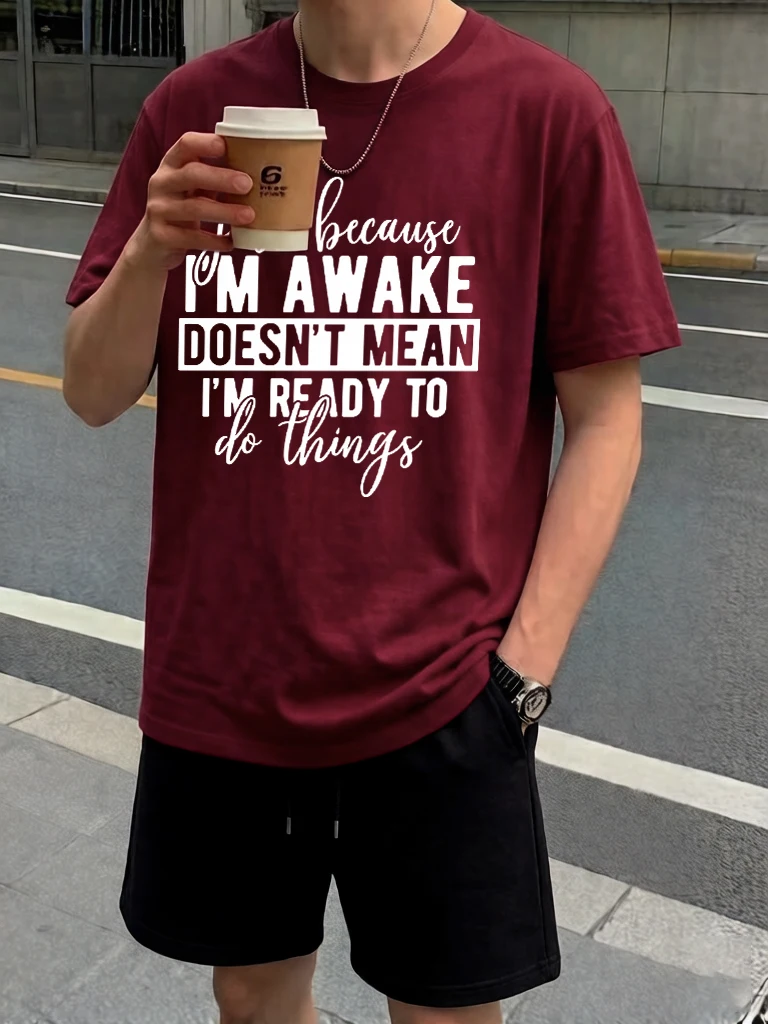 Sencillomente, estar despierto no significa que esté listo para hacerlo todo. Conjuntos cortos estampados para hombre, camiseta de algodón que combina con todo, pantalones cortos deportivos de verano.