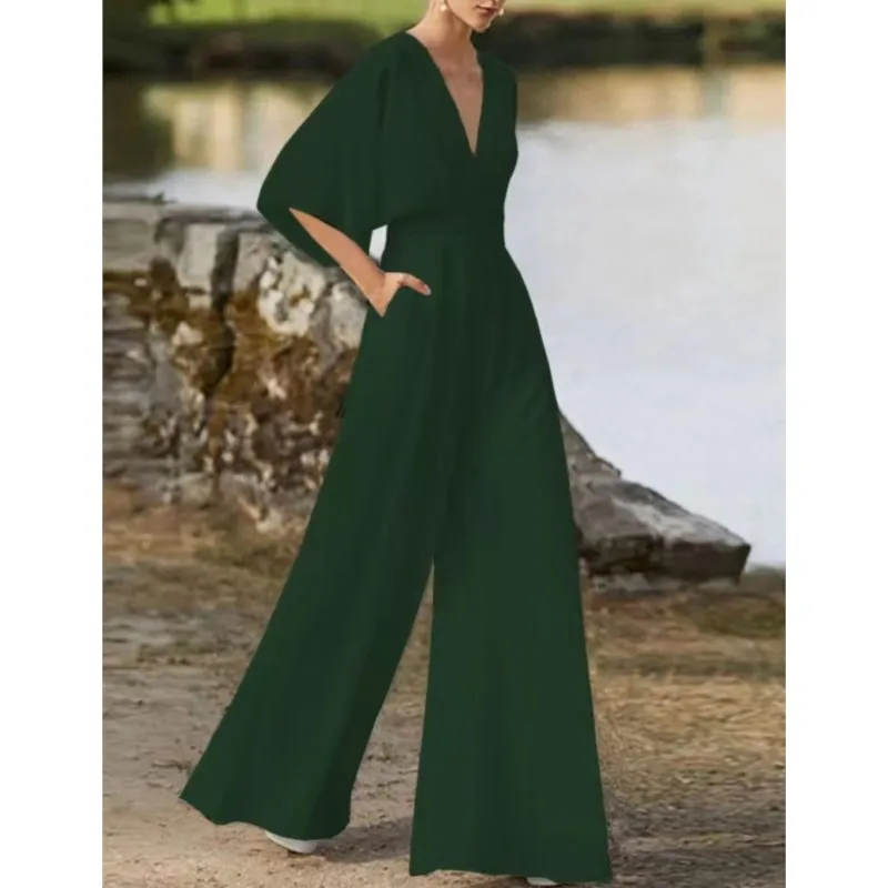 Women's Elegant Half Sleeve V-Neck Jumpsuits 2025 New Fashion Waist Long Wide Leg Jumpsuit Ladies Casual Loose Pockets Bodysuits