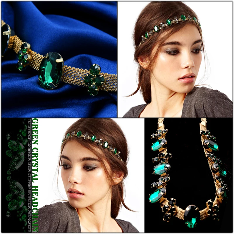 الأخضر حجر الراين رئيس سلاسل عقال مطاطا قابل للتعديل هيرباند الزفاف الزفاف الشعر التبعي كريستال خوذة الشعر الحلي #4