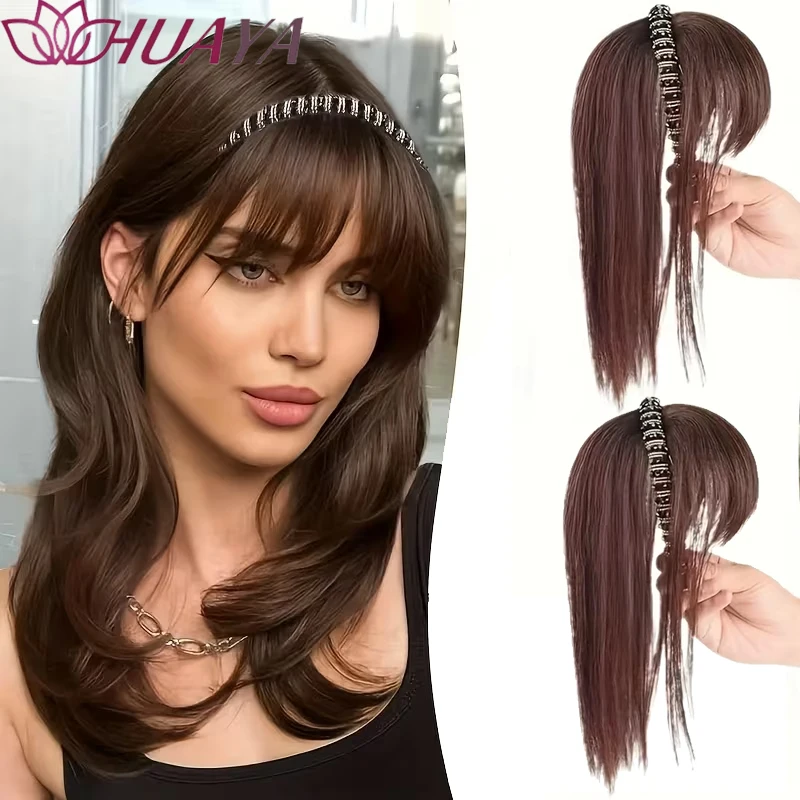 Clip In Bangs Hair Extensions Headband Style Synthetic Air Bangs Fake Fringe Hairpieces Invisible Clip Bangs for Women Daily Mak