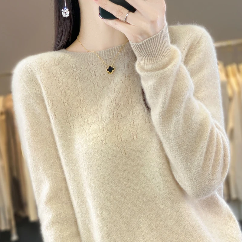 Autumn 100% Wool Sweater Women O-neck Hollow Out Long Sleeve Top Winter Fashion Casual Knitted Female Warm Loose Pullover Jumper