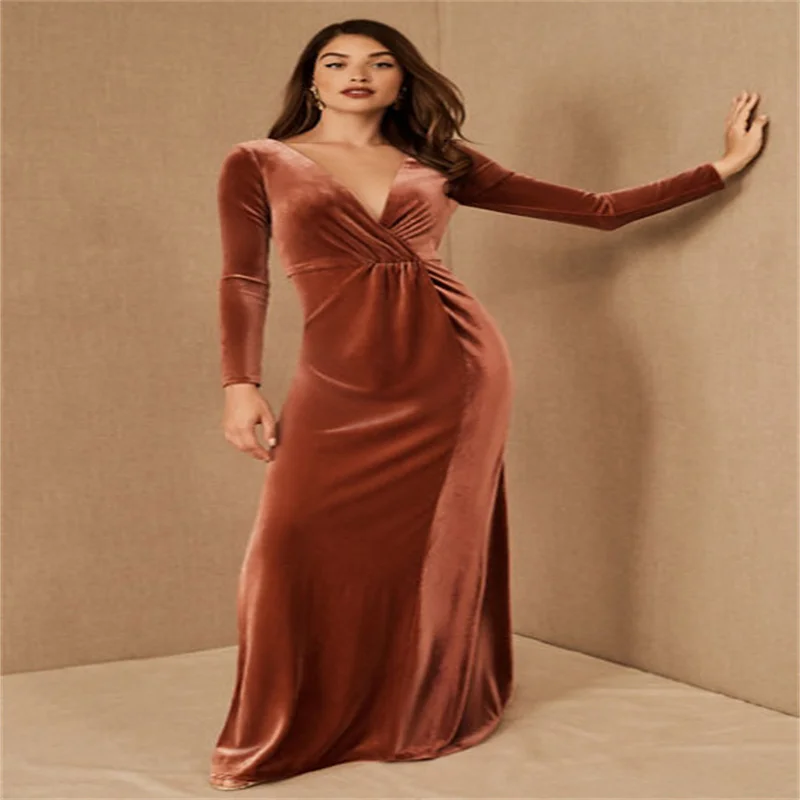 Velvet Plus Size Mother Of The Bride Dresses V Neck Long Sleeves Mermaid Party Dresses Mother Of The Bride Outfit