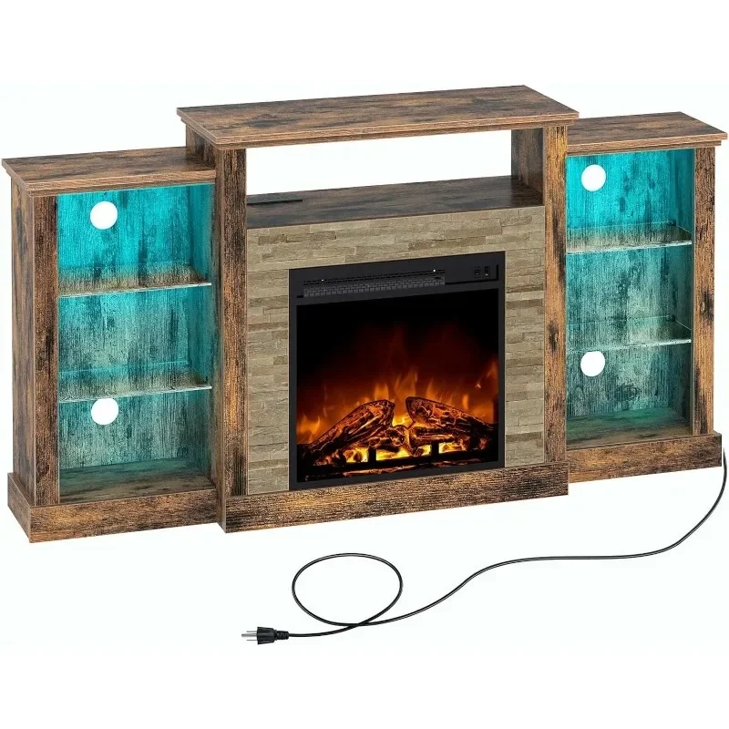 ZHENXIANG Fireplace TV Stand with LED Lights and Power Outlets, TV Console, Entertainment Center with Adjustable Glass Shelves