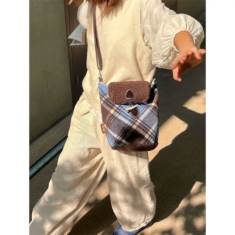 Miyagawa Autumn Winter New Plaid Patchwork Lamb Wool Retro Cowhorn Button Versatile Casual Cross Bag New Girls Shoulder Bags