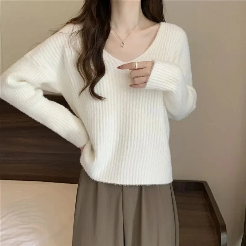 2024 New Women Sweater Autumn Long Sleeve Pullover Basic Top Fashion V Neck Elastic Female Winter Solid Knitted Jumper Top