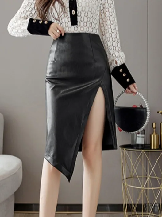 

Юбка из искусственной кожи с высокой талией, асимметричная, деловая, женская, весна-осень-зима, черная, с разрезом, на запах