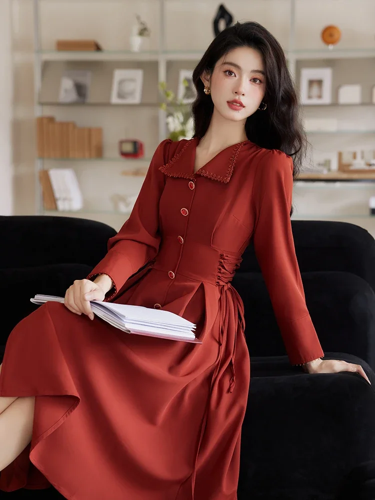 Vestido Rojo de manga larga para Mujer, traje Retro con cuello de solapa, elegante, a la moda, estilo Hepburn francés, temperamento, otoño