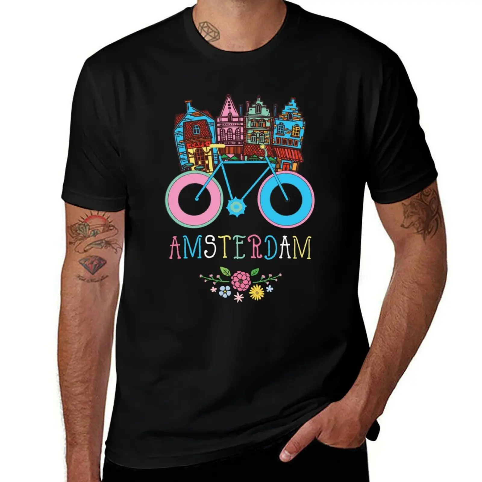

Floral Amsterdam Netherlands Bike Souvenir T-Shirt man tshirt t shirts for man graphic funny cotton t shirt man T-shirt