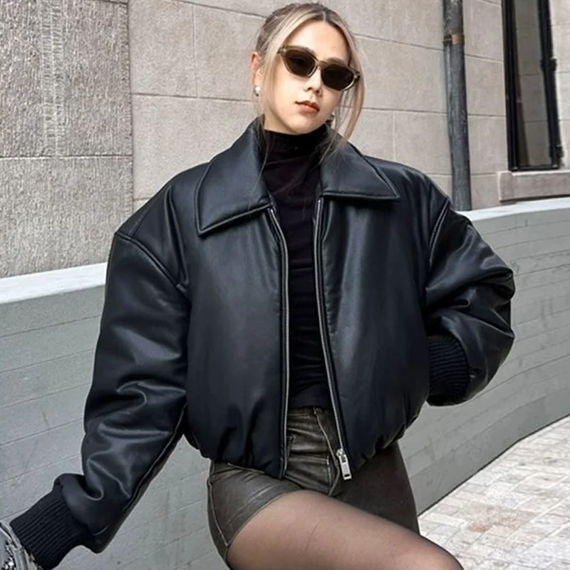 Winter Parka Coat Women's Jacket Thick Warm Women Fashion Black PU Leather Coats Women Elegant Zipper Faux Leather Jackets Tops