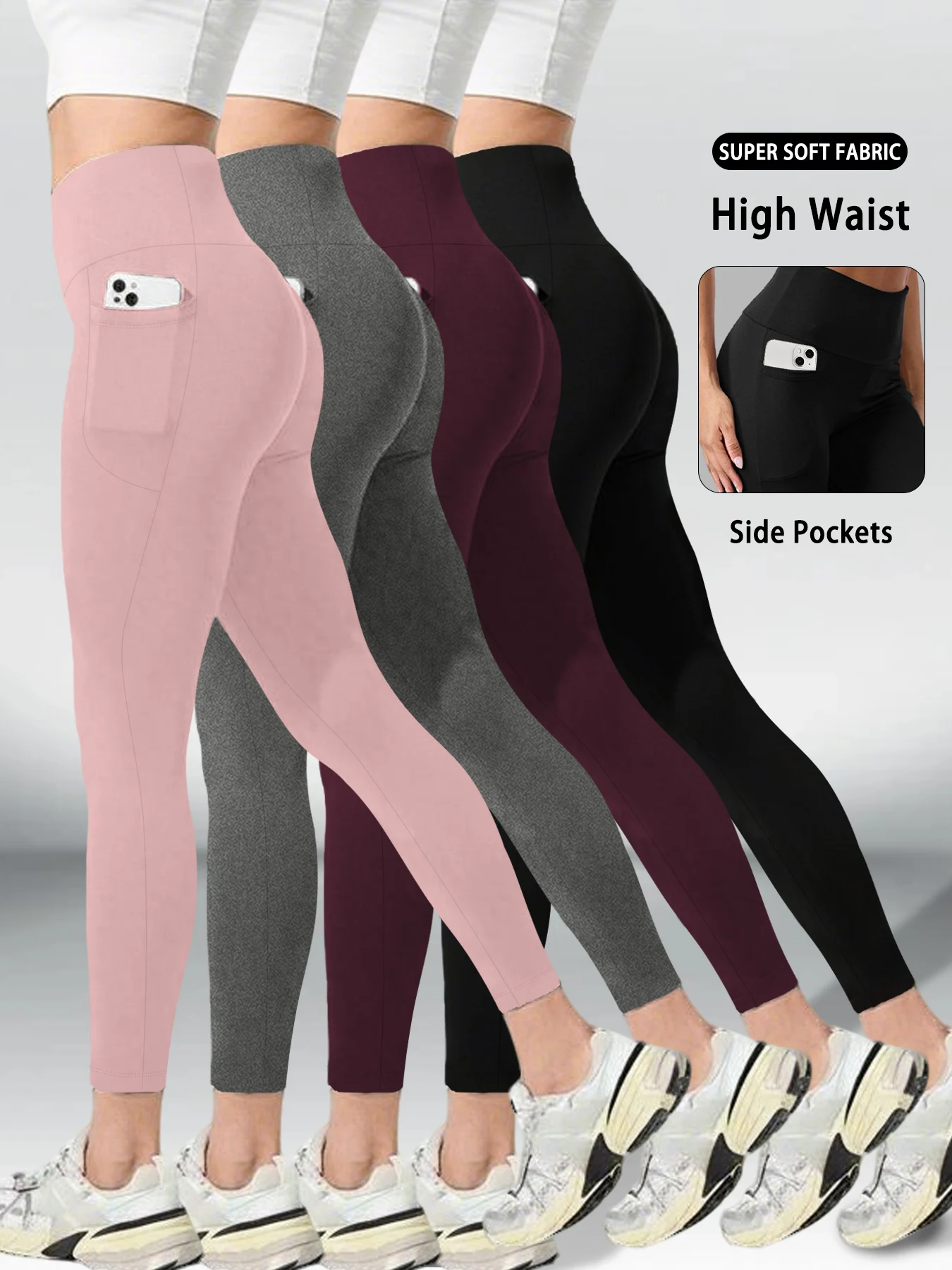 Lot de 4 leggings super doux avec poches pour femmes, pantalons de course, de yoga, de contrôle du ventre, taille haute
