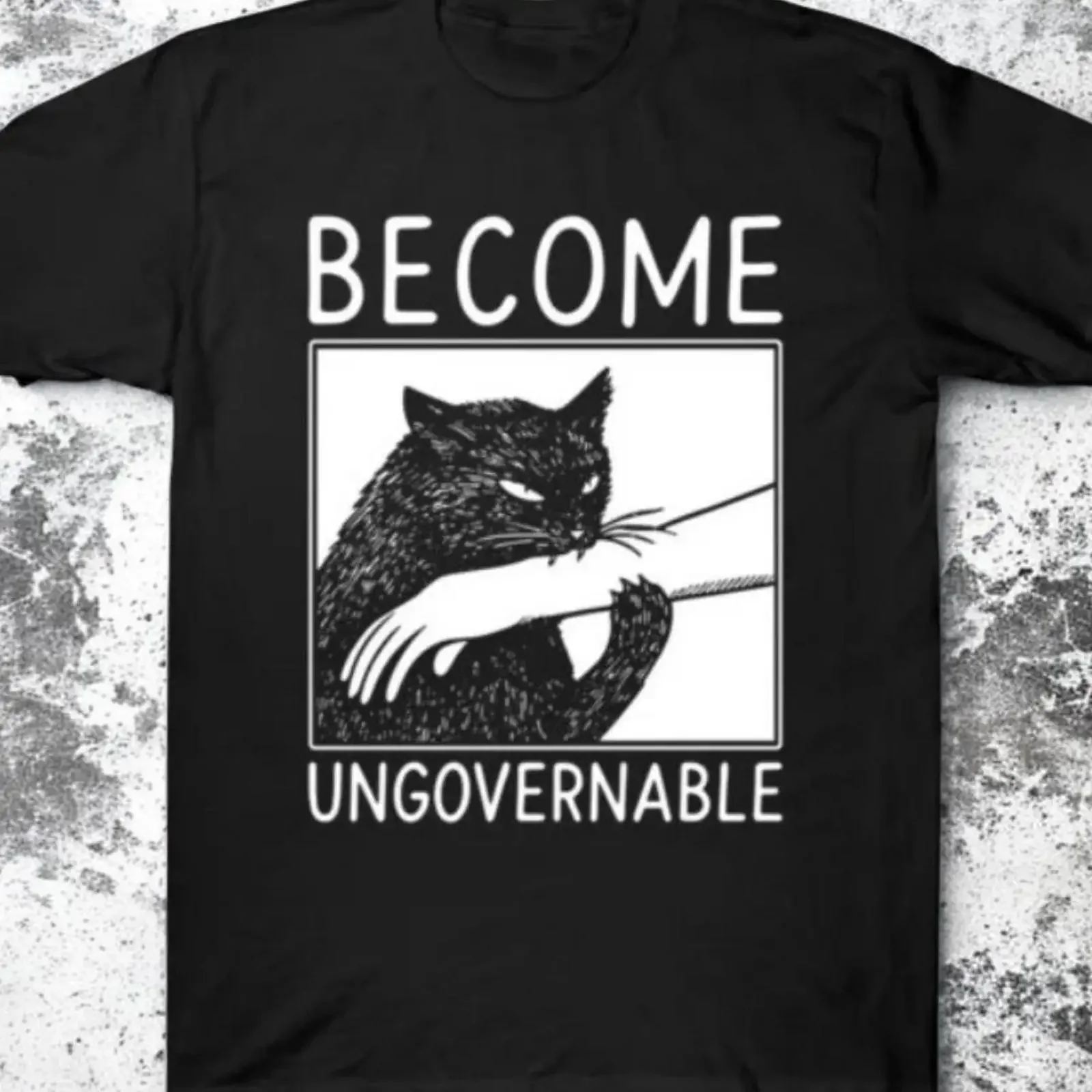 T-shirt « Become Ungovernable Cat Biting Hand » en coton vintage, lavé, respirant, pour homme, idéal pour un usage quotidien, élégant