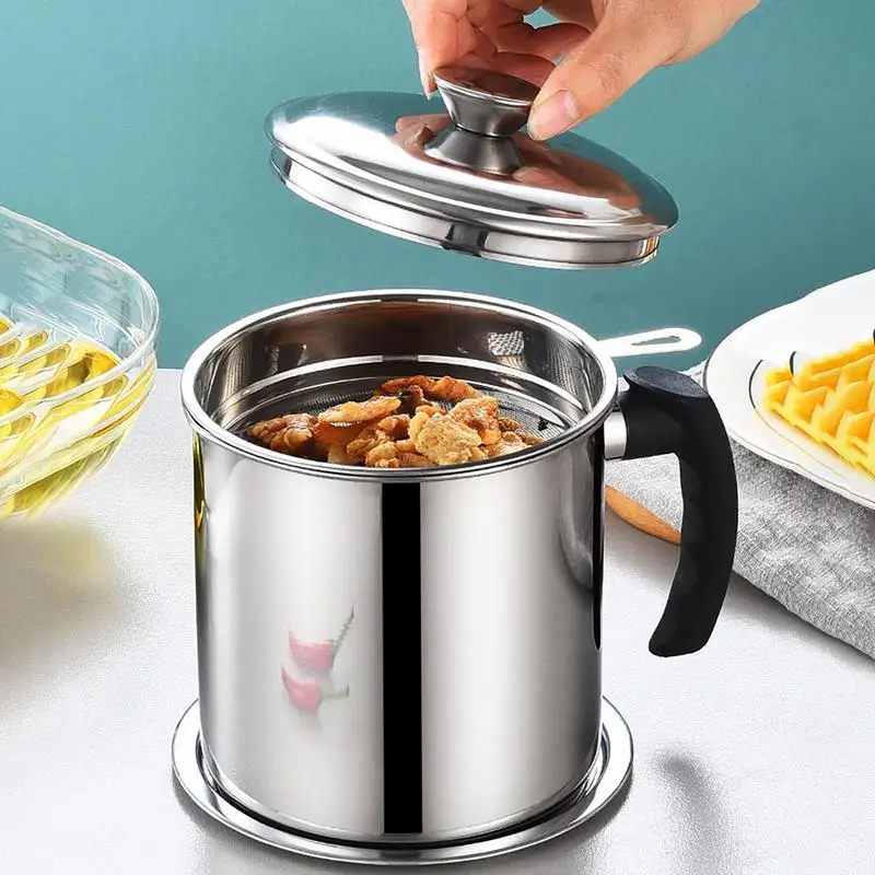 Oil Strainer Stainless Steel Oil Filter Pot With Anti-scald Tray 1.4L Oil Container Grease Can Oil Storage Strainer For Cooking