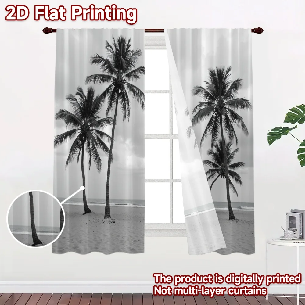 2D flat 2pcs Curtain Country Style Monochrome Palm Beach Durable polyester fiber Party Decorations Use for living room decor for
