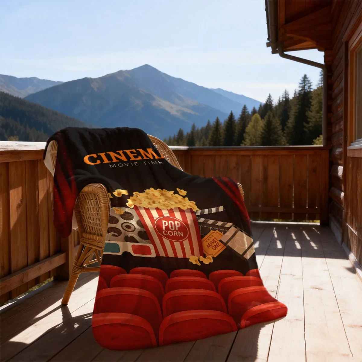 Cozy Popcorn And Cinema Movie Theme Flannel Blanket Soft Sofa Throw with Red Curtains, Popcorn Boxes And Film Reels Design, Alls