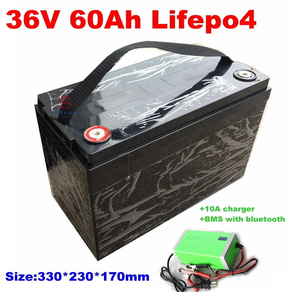 Waterproof 36V 60AH Lifepo4 Battery with BMS for 1500W Scooter Bike Tricycle Solar Backup Power Golf Cart +10A Charger