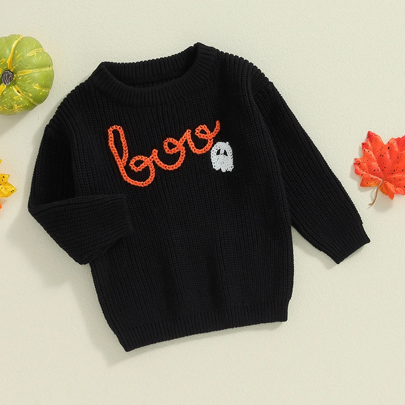 Toddler Girls Boys Sweater Halloween Clothes Pumpkin Ghost Spider Letter Embroidered Long Sleeve Kids Pullovers Fall Tops